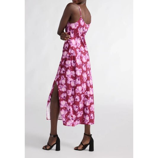 Scoop Womens Satin Midi Slip Dress with Side Slit Purple Flower Size M