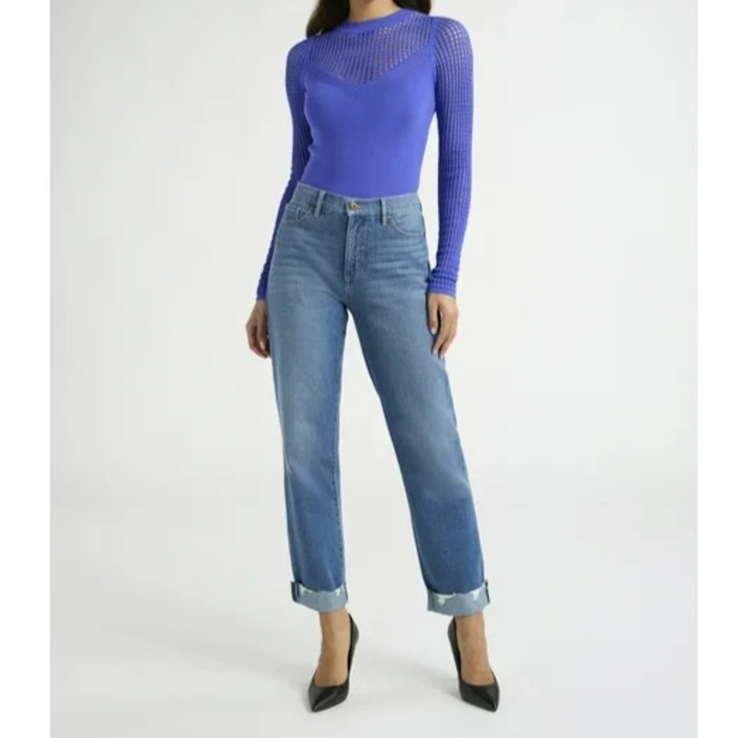 Sofia Jeans Womens V-Neck Mesh Pullover Sweater Sheer Long Sleeves Peri Pop Sz M