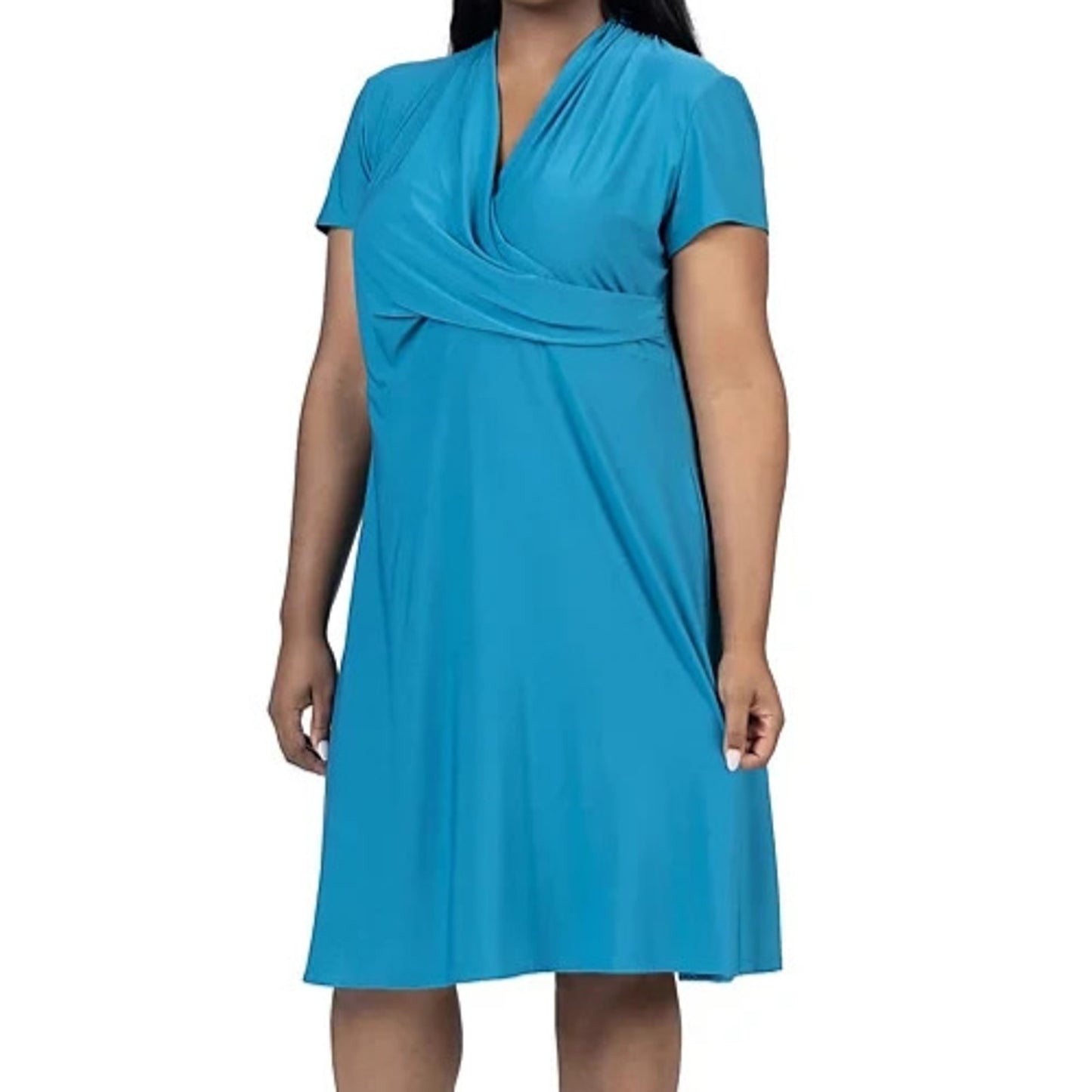 24Seven Comfort Apparel Womens Dress Faux Wrap Rouched Pullover V-Neck Teal Size 1X