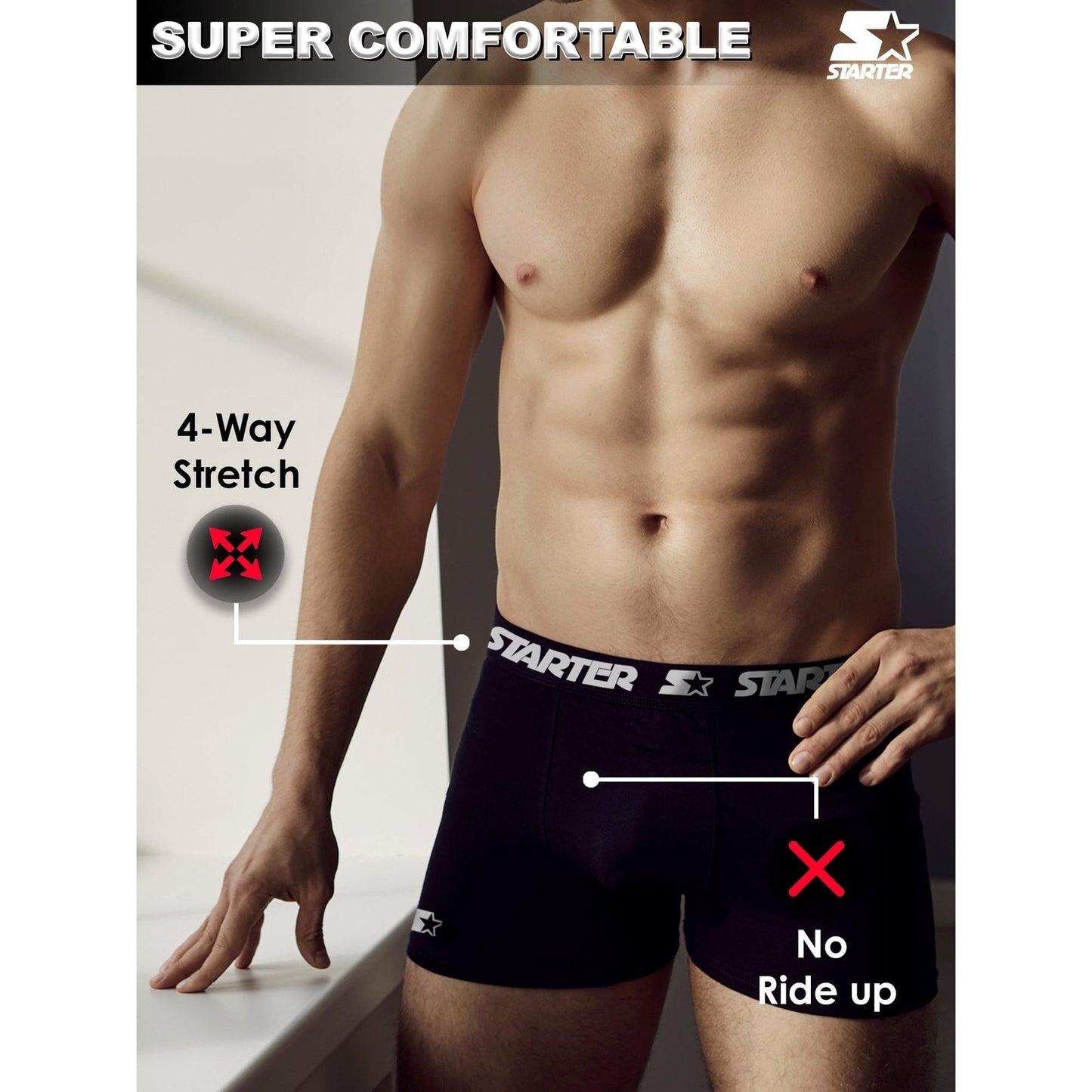 Starter Mens Stretch Cotton Boxer Briefs 6 Pack Black Size S