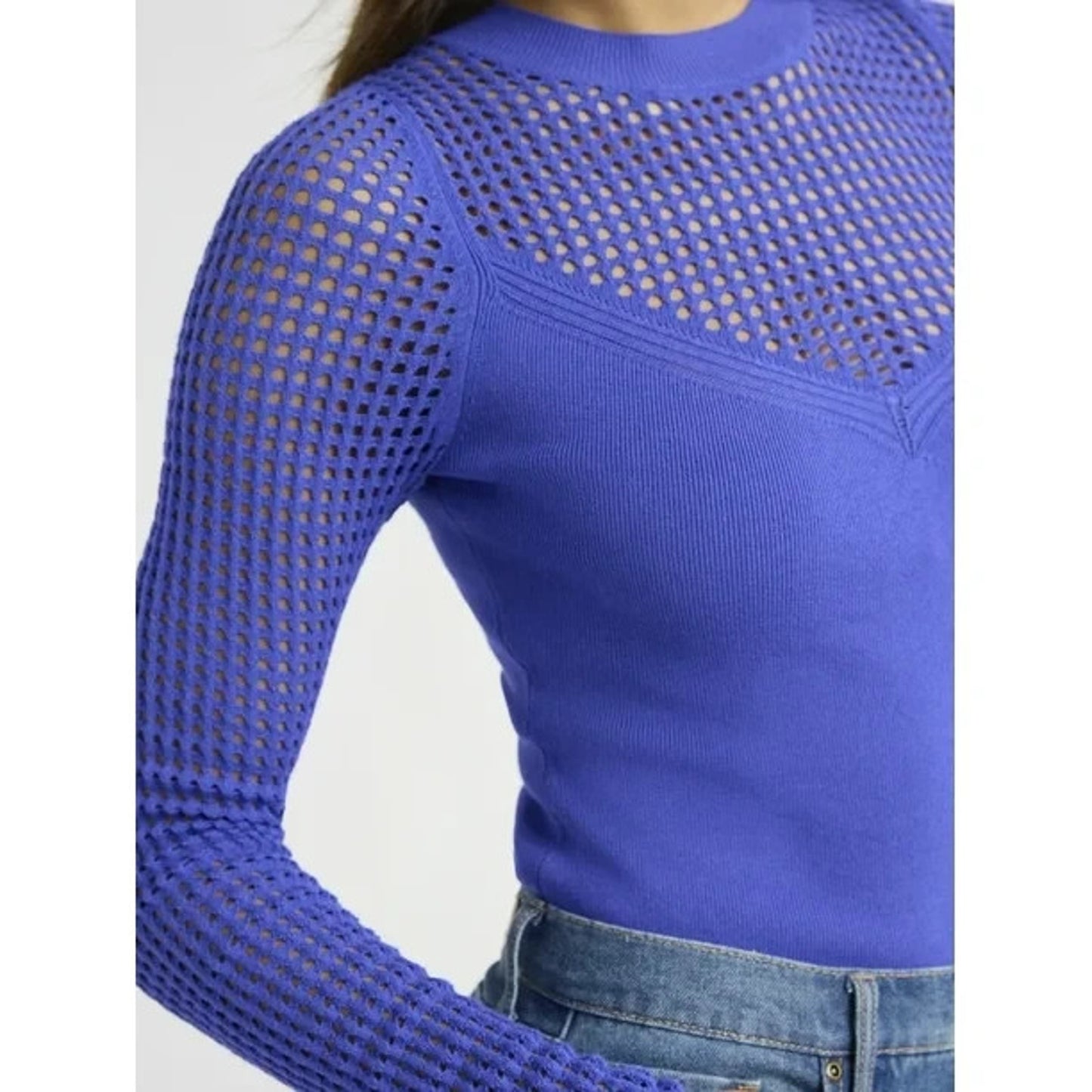 Sofia Jeans Womens V-Neck Mesh Pullover Sweater Sheer Long Sleeves Peri Pop Sz M