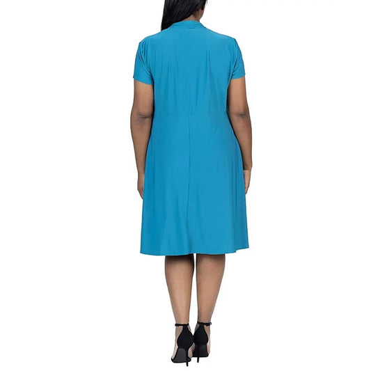 24Seven Comfort Apparel Womens Dress Faux Wrap Rouched Pullover V-Neck Teal Size 1X