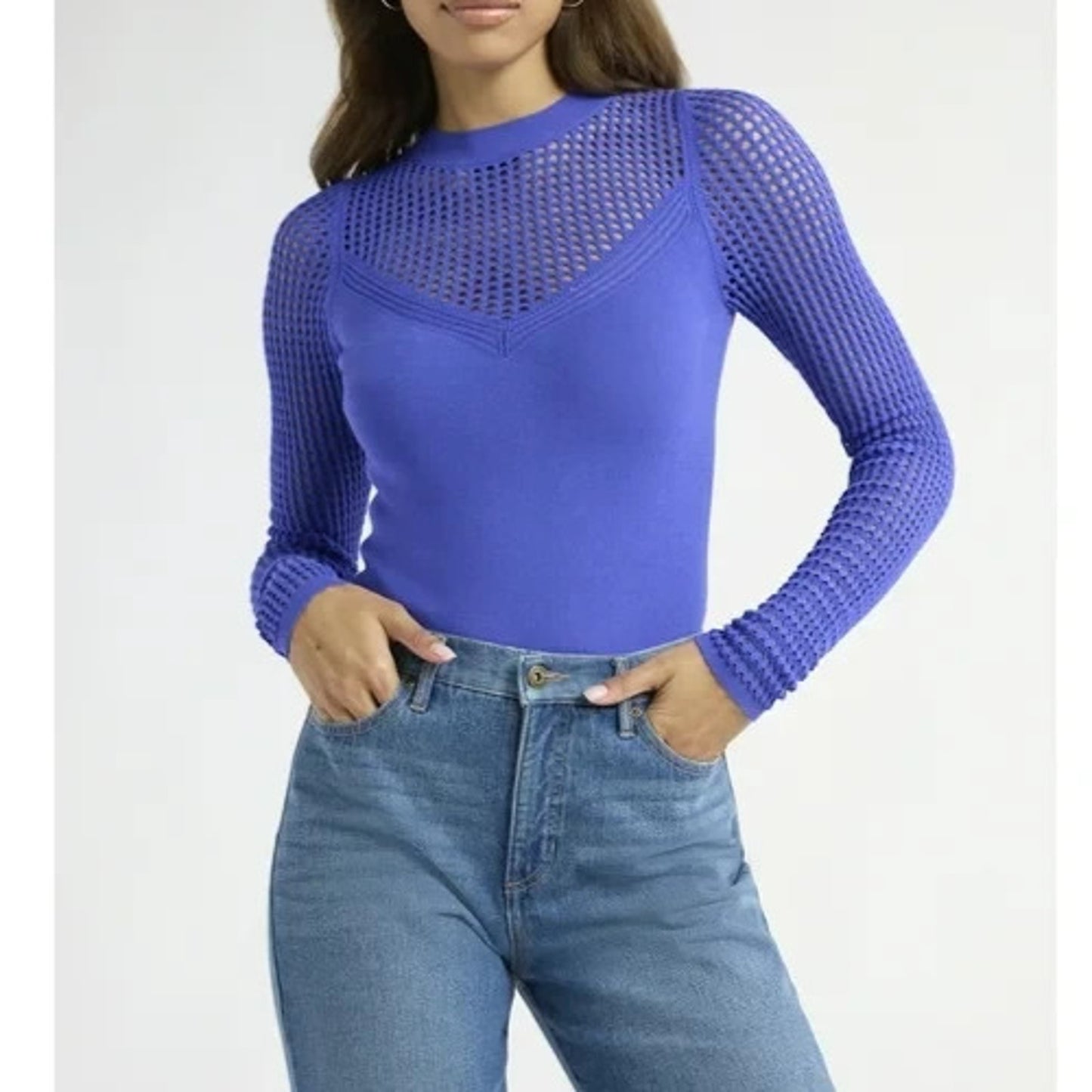Sofia Jeans Womens V-Neck Mesh Pullover Sweater Sheer Long Sleeves Peri Pop Sz M