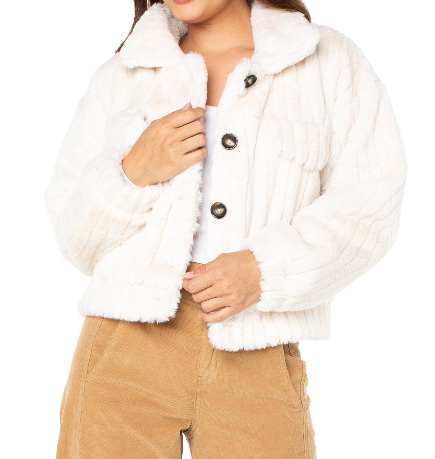 Celebrity Pink Women's and Women's Plus Faux Fur Button-up Jacket CreamSize S