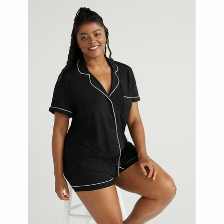 Joyspun Women’s Notch Collar Top and Shorts Knit Pajama Set 2-Piece Size L