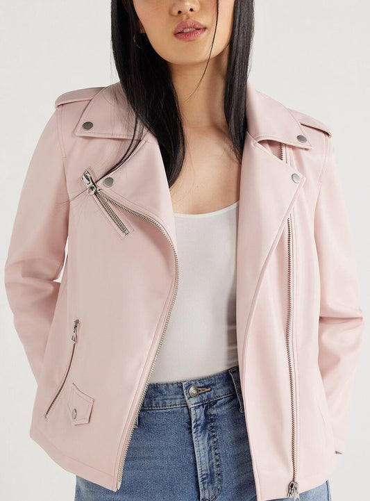 Scoop Womens Faux Leather Asymmetrical Zip Moto Jacket Barely There Pink Size M