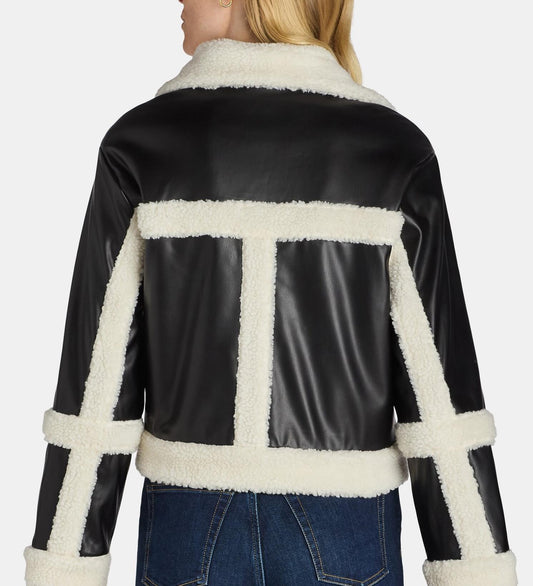 Madden NYC Womens Faux Shearling Jacket Moto Fit 22" Length Black Beauty Size L