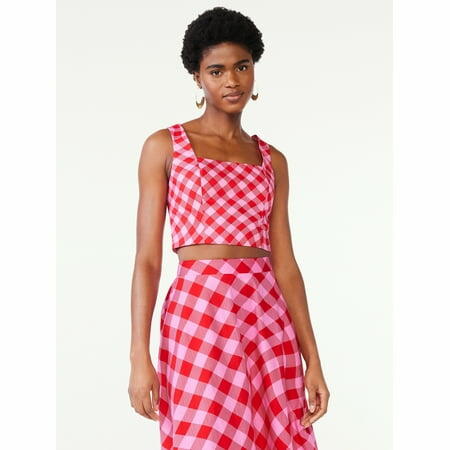 Scoop Womens Square Neck Fitted Poplin Crop Top Salsa Small Wavy Gingham Size L