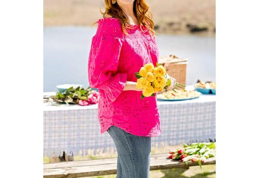 The Pioneer Woman Cotton Off the Shoulder Smocked Eyelet Blouse Beetroot Size M