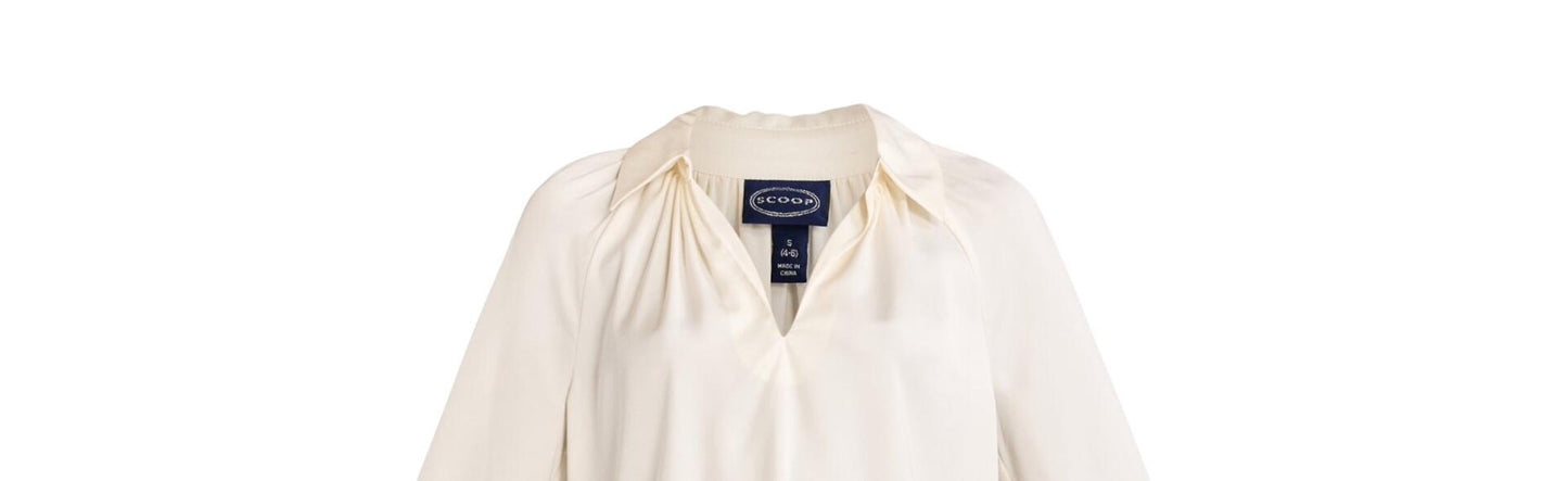 Scoop Womens V-Neck Popover Matte Satin Blouse Long Sleeves Whisper White Size L