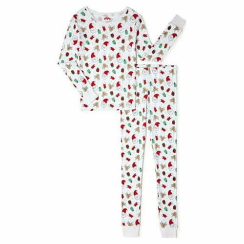 Holiday Time Girls Christmas Cotton Pajama 2-Piece White Santa Size 10