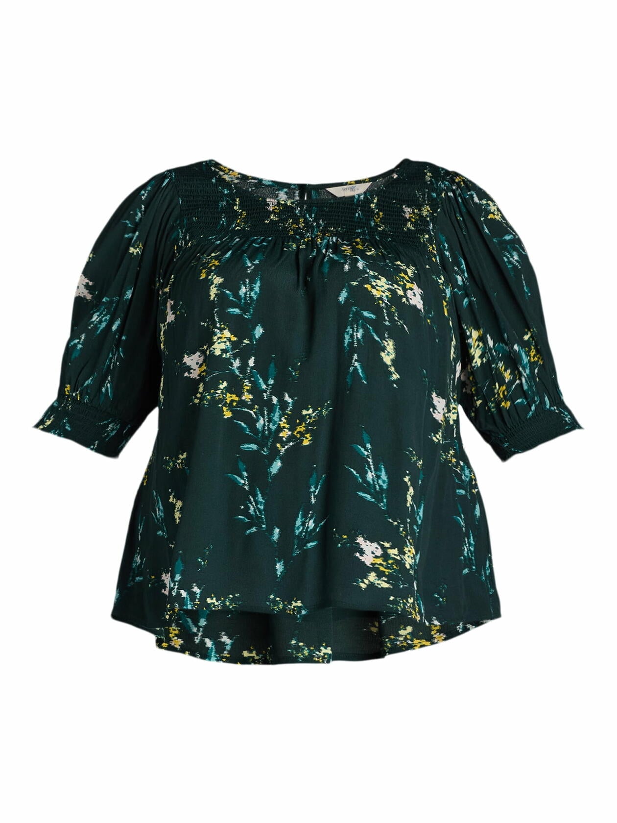 Terra & Sky Womens Plus Smocked Blouse Dreamy bouquet/Forest Clover Size 1x