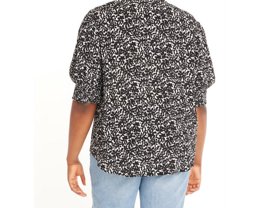 Terra & Sky Womens Plus Size Smocked V-Neck Blouse Floral/Black Size 3X(24W-26W)