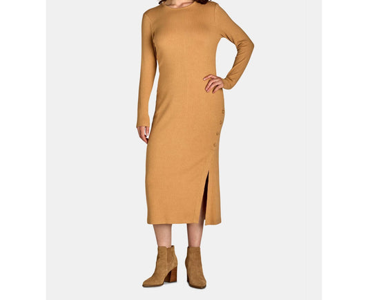 Nine.Eight Womens Ribbed Knit Midi Dress with Long Sleeves Camel Size S
