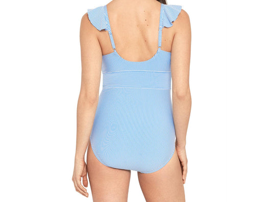 Time and Tru Womens Ruffle Seersucker One Piece Swimsuit Cabana Swim Size M