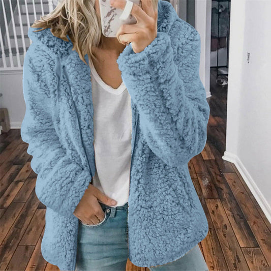 Women's Warm Fleece Lined Hooded Sweatshirt Jacket Coat Light Blue Size XXL