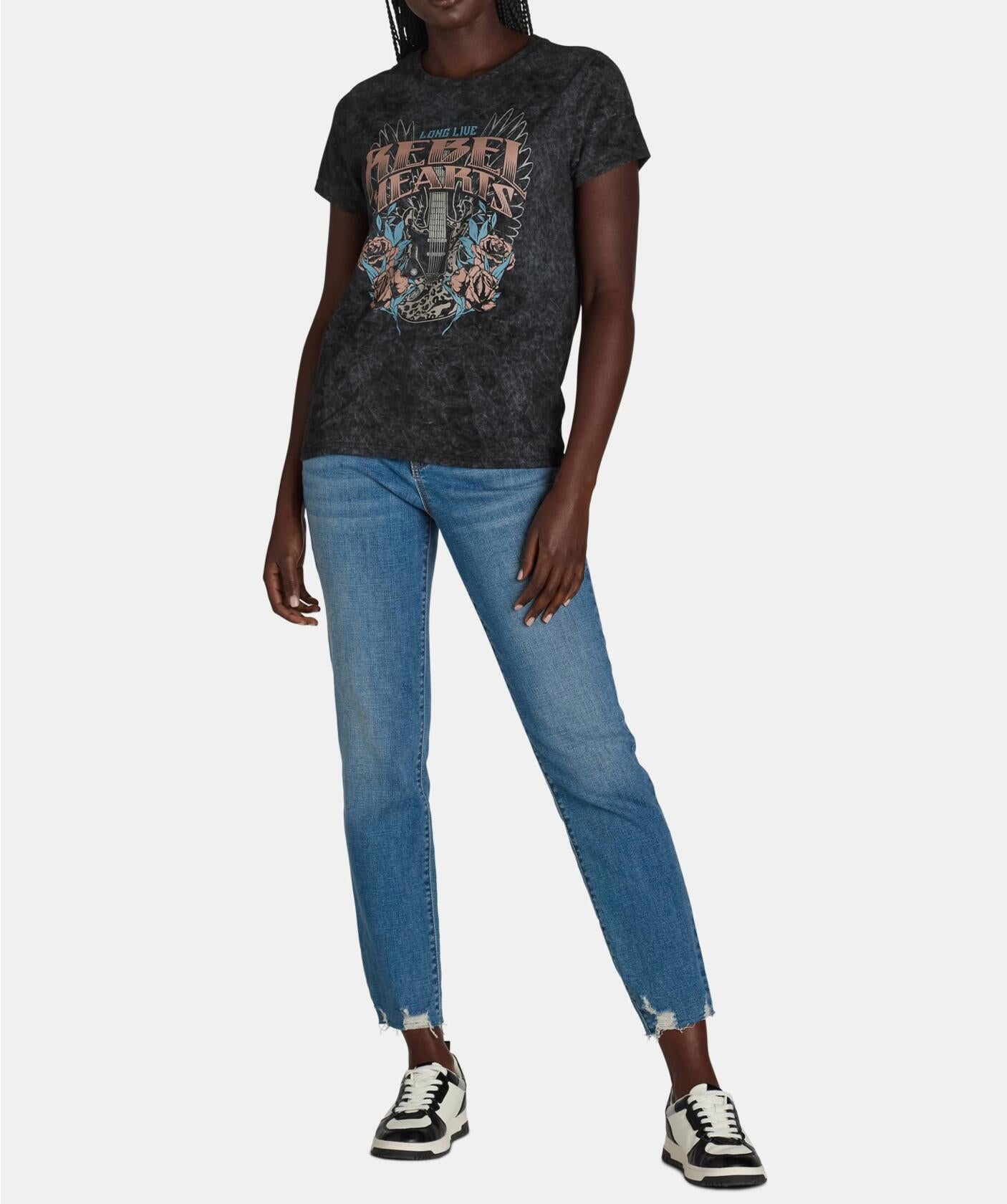 Wound Up Juniors Rebel Hearts Graphic Print T-Shirt Black Size XS