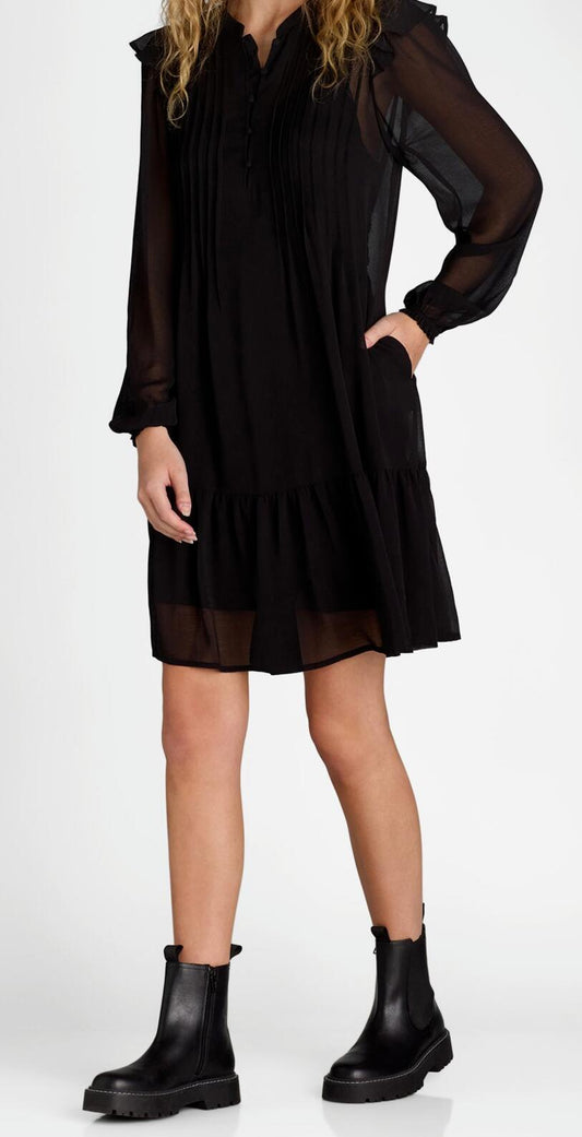 Time and Tru Womens Pintuck Mini Dress with Long Sleeves Black Soot Size XS