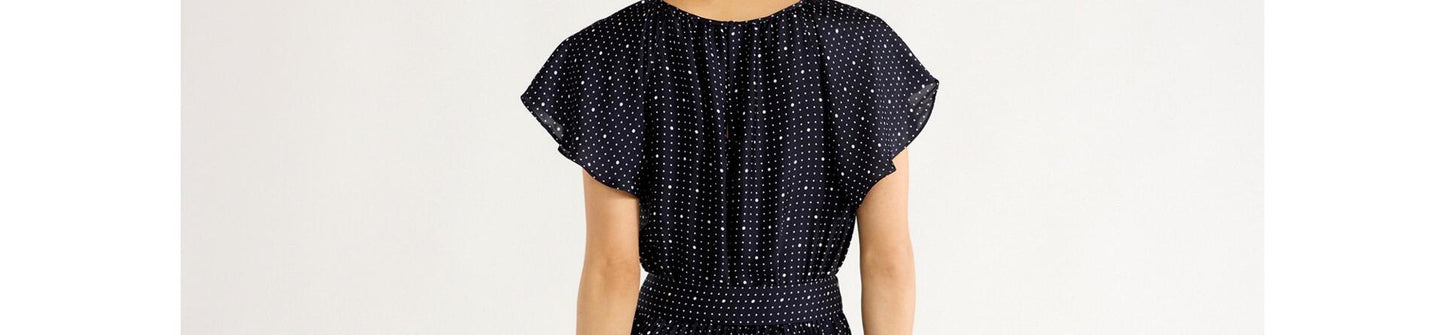 Free Assembly Womens Pleated Midi Dress Flutter Sleeves Darkest Navy Dot Size XS