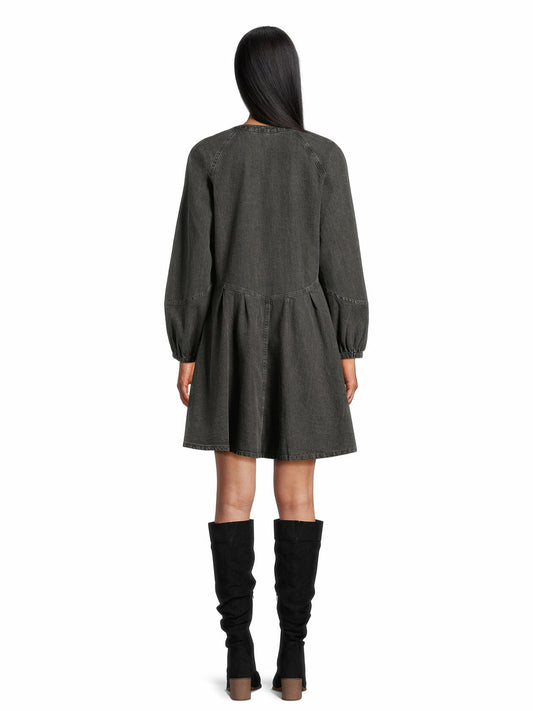 Time and Tru Womens Button Front Mini Dress Long Sleeves Black Denim Size XL