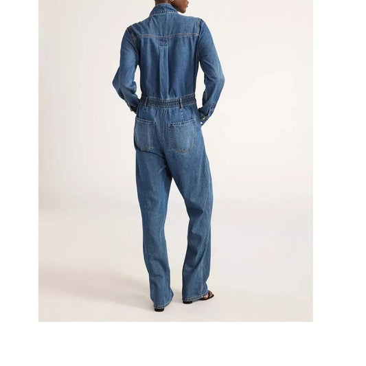 Scoop Womens Denim Jumpsuit Staright Leg Elastic Waist Med Wash Size XS