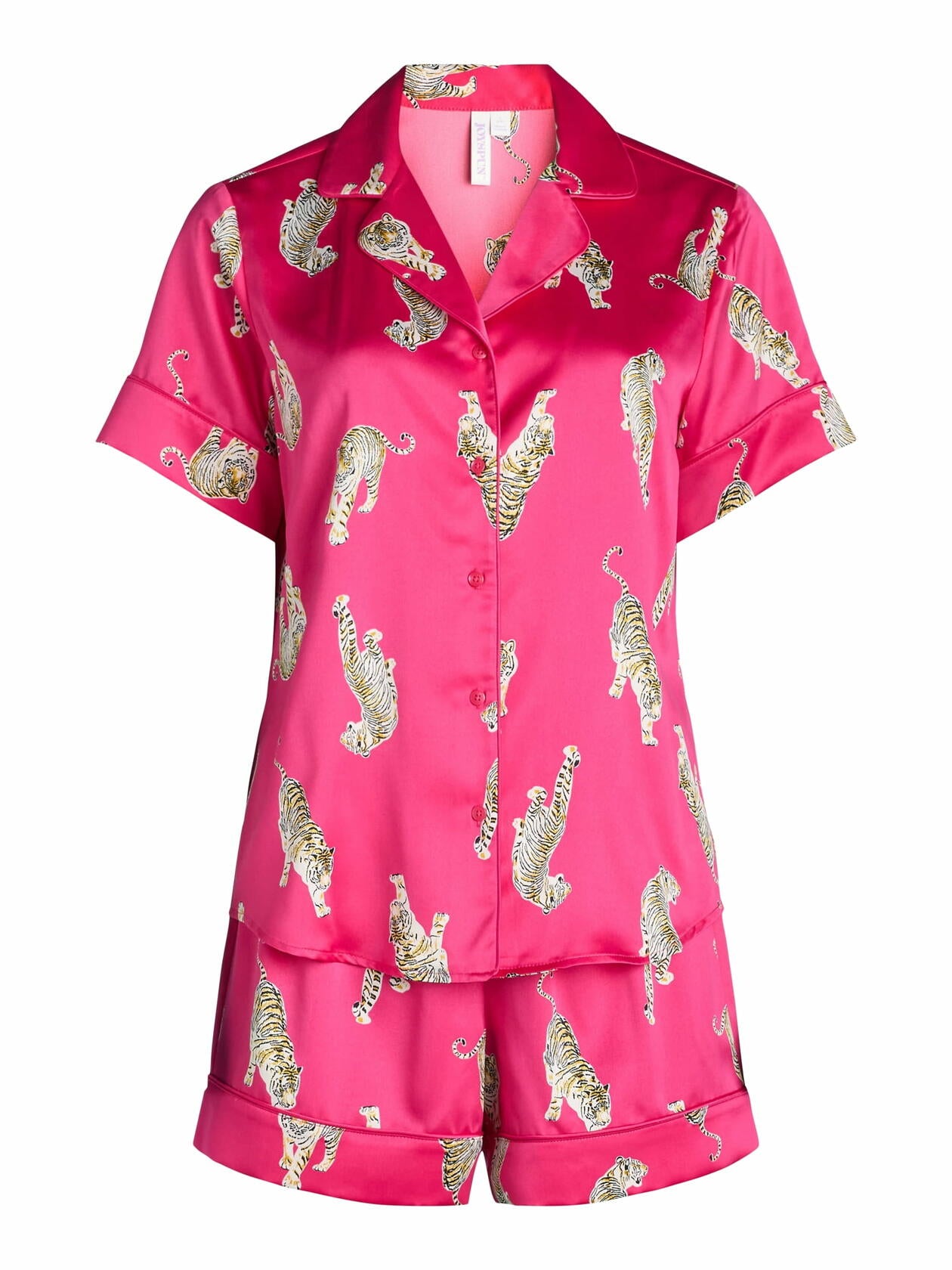 Joyspun Womens Stretch Satin Shortie Pajama Set 2-Pcs Fuchsia Burst/Tigers Sz L