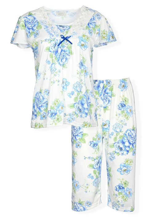 JEFFRICO Pajamas Set Sleepwear Sleepshirt With Capri Pants Blue Floral Size L