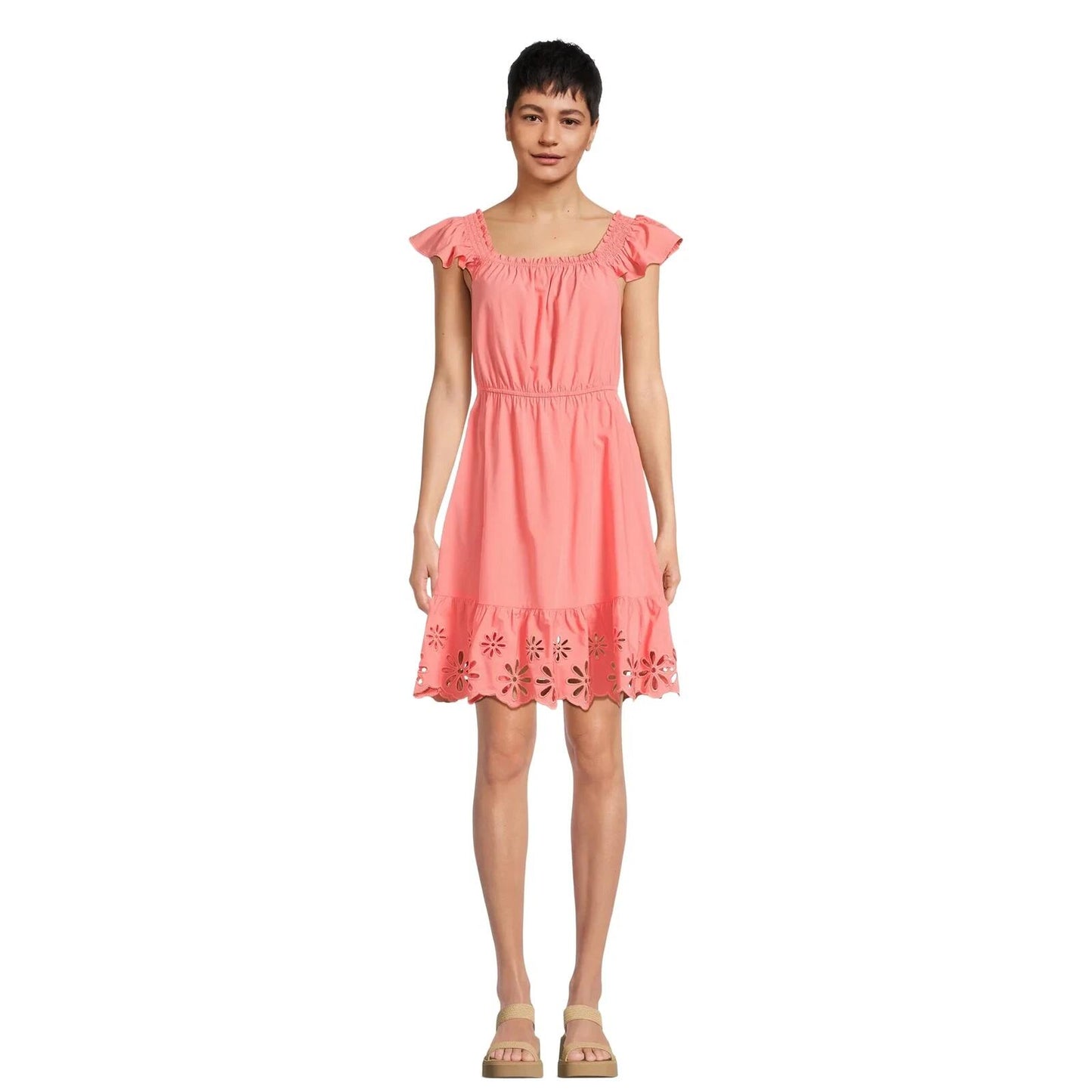 Time and Tru Womens Square Neck Eyelet Trim Mini Dress