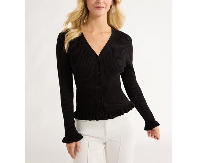 Free Assembly Womens Ruffle Hem Cardigan Sweater Long Sleeves Black Soot Size S