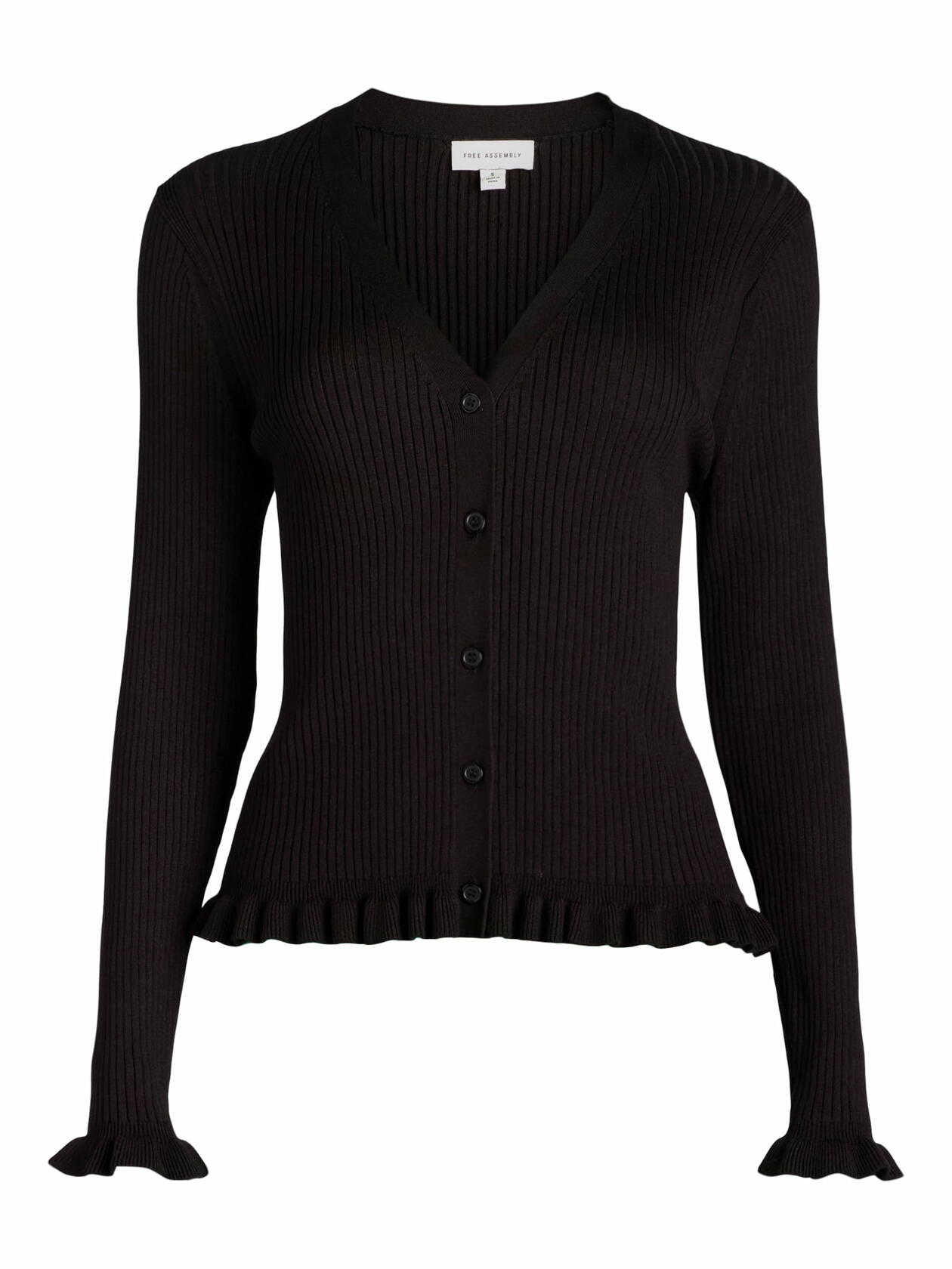 Free Assembly Womens Ruffle Hem Cardigan Sweater Long Sleeves Black Soot Size S