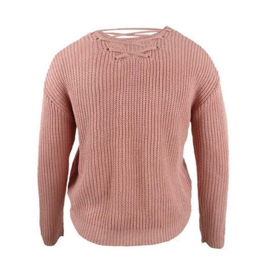 Crave Fame Womens Lace Up Back Cable Long Sleeve Sweater Coral Pink Size M