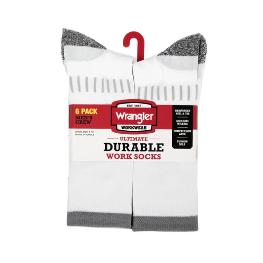 Wrangler Mens Ultimate Durable Work Socks Crew Socks White/Gray 6-Pack Size 6-12