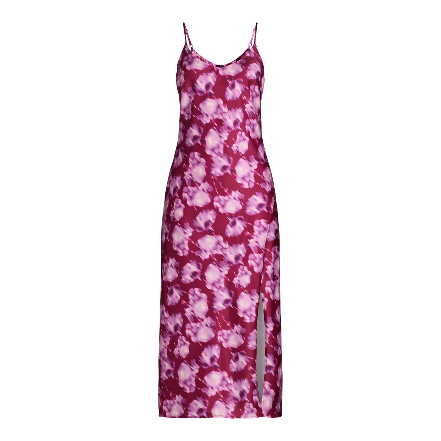 Scoop Womens Satin Midi Slip Dress with Side Slit Purple Flower Size M