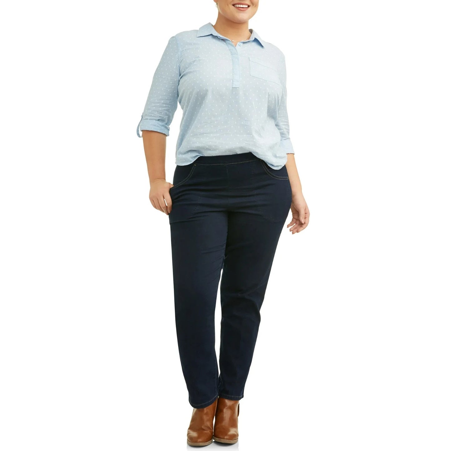 Just My Size by Hanes Womens Pull On 2-Pocket Pants Blue Rinse Size 1XP
