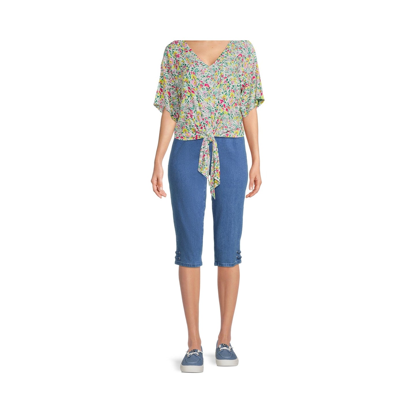 Real Size Womens Pull On Grommet Stretch Capri Pants Medium Stone Wash Size XL