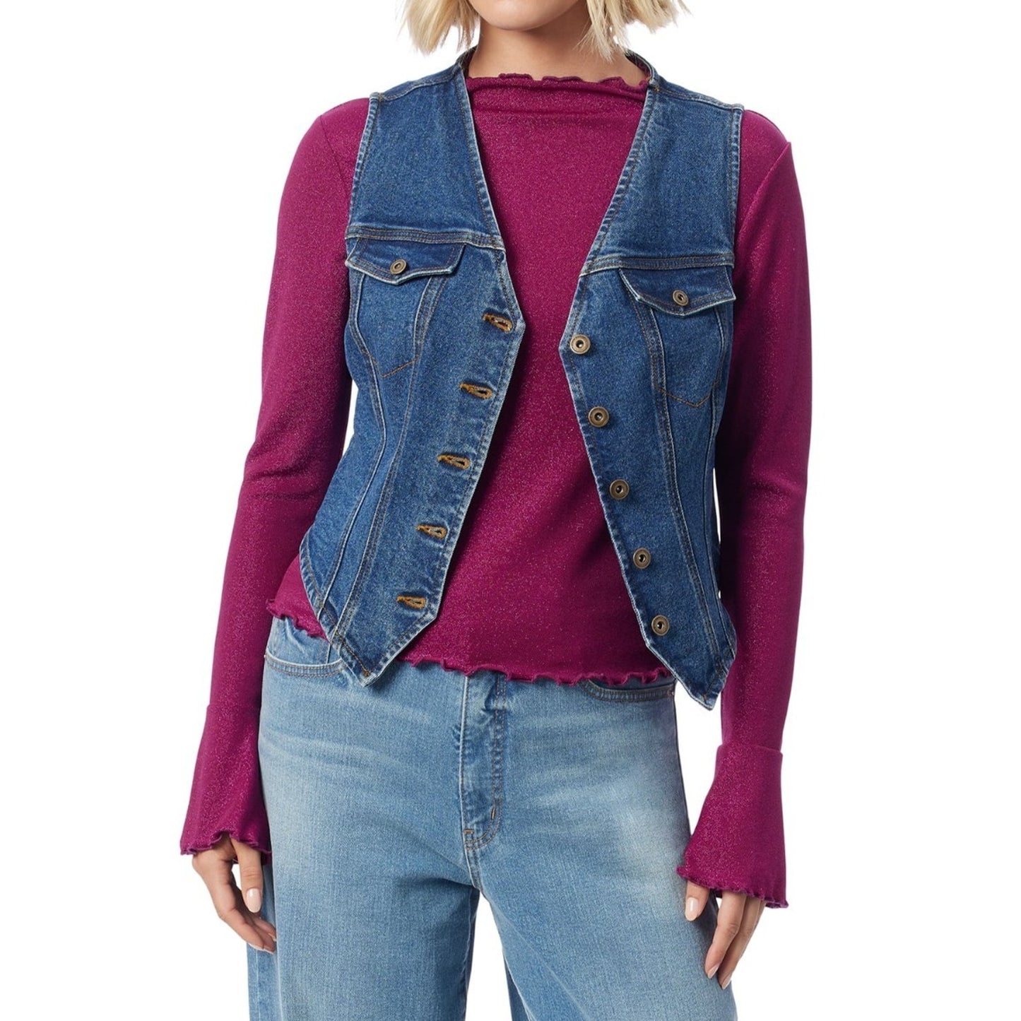 Jessica Simpson Womens Denim Vest V-Neck Button Front Medium Wash Size XL