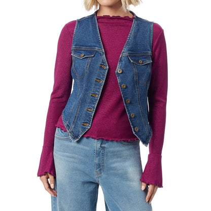 Jessica Simpson Womens Denim Vest V-Neck Button Front Medium Wash Size XL