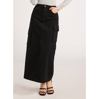 Scoop Womens Denim Cargo Maxi Skirt Black Soot Size 10 High Rise Pockets Relaxed