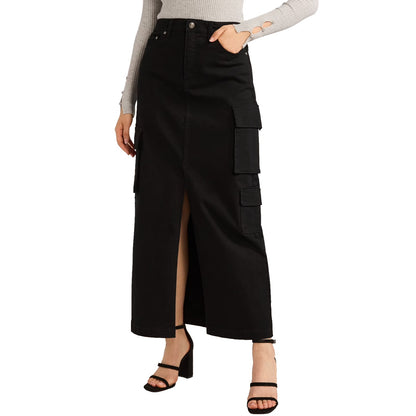 Scoop Womens Denim Cargo Maxi Skirt Black Soot Size 10 High Rise Pockets Relaxed