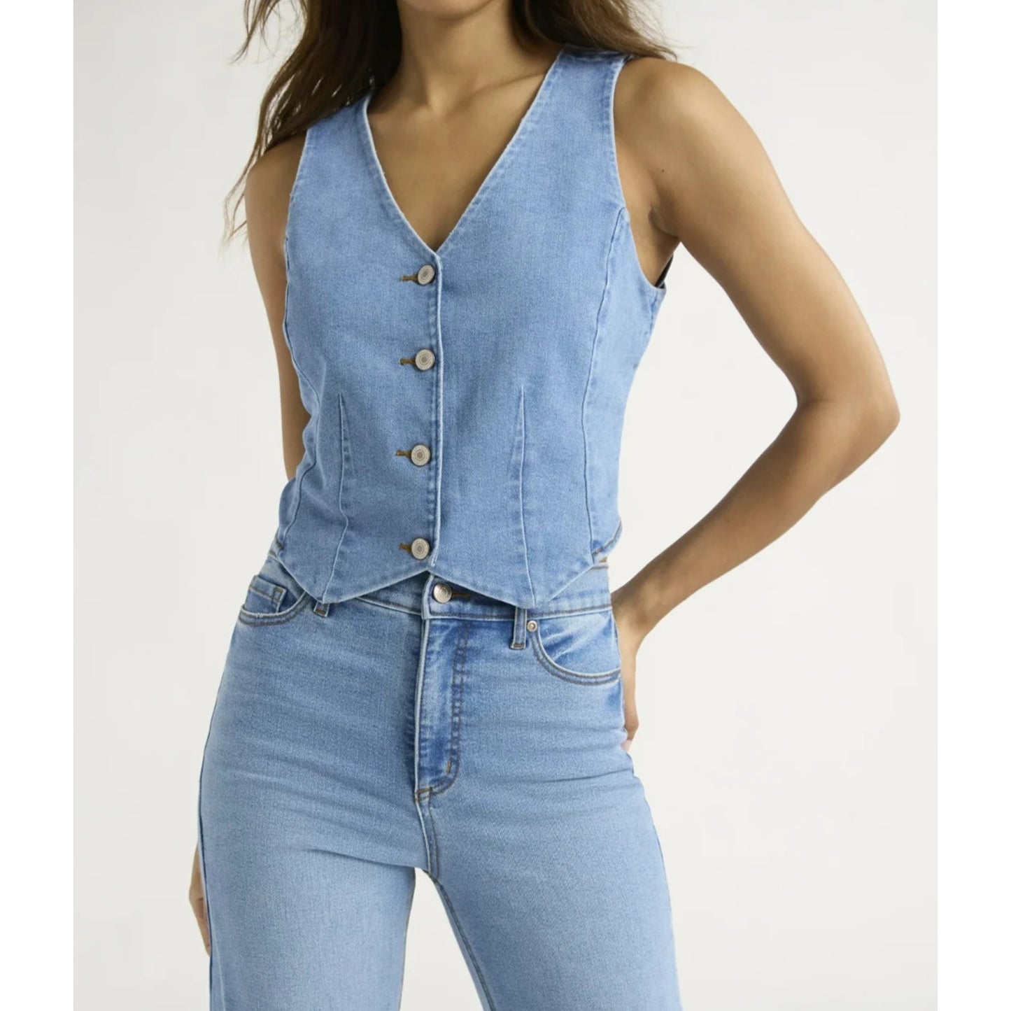 Sofia Jeans Womens Denim Vest V-Neck Cropped Bodice Front Button Light Wash Sz L