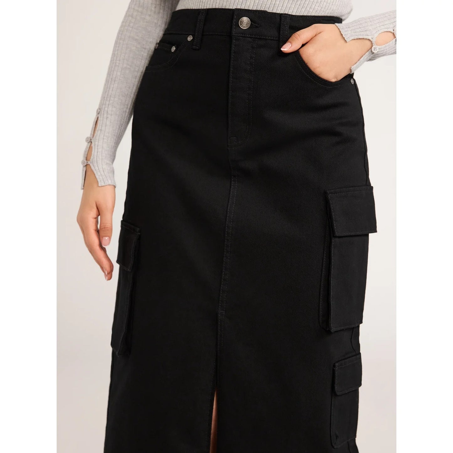 Scoop Womens Denim Cargo Maxi Skirt Black Soot Size 10 High Rise Pockets Relaxed
