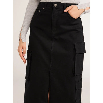 Scoop Womens Denim Cargo Maxi Skirt Black Soot Size 10 High Rise Pockets Relaxed