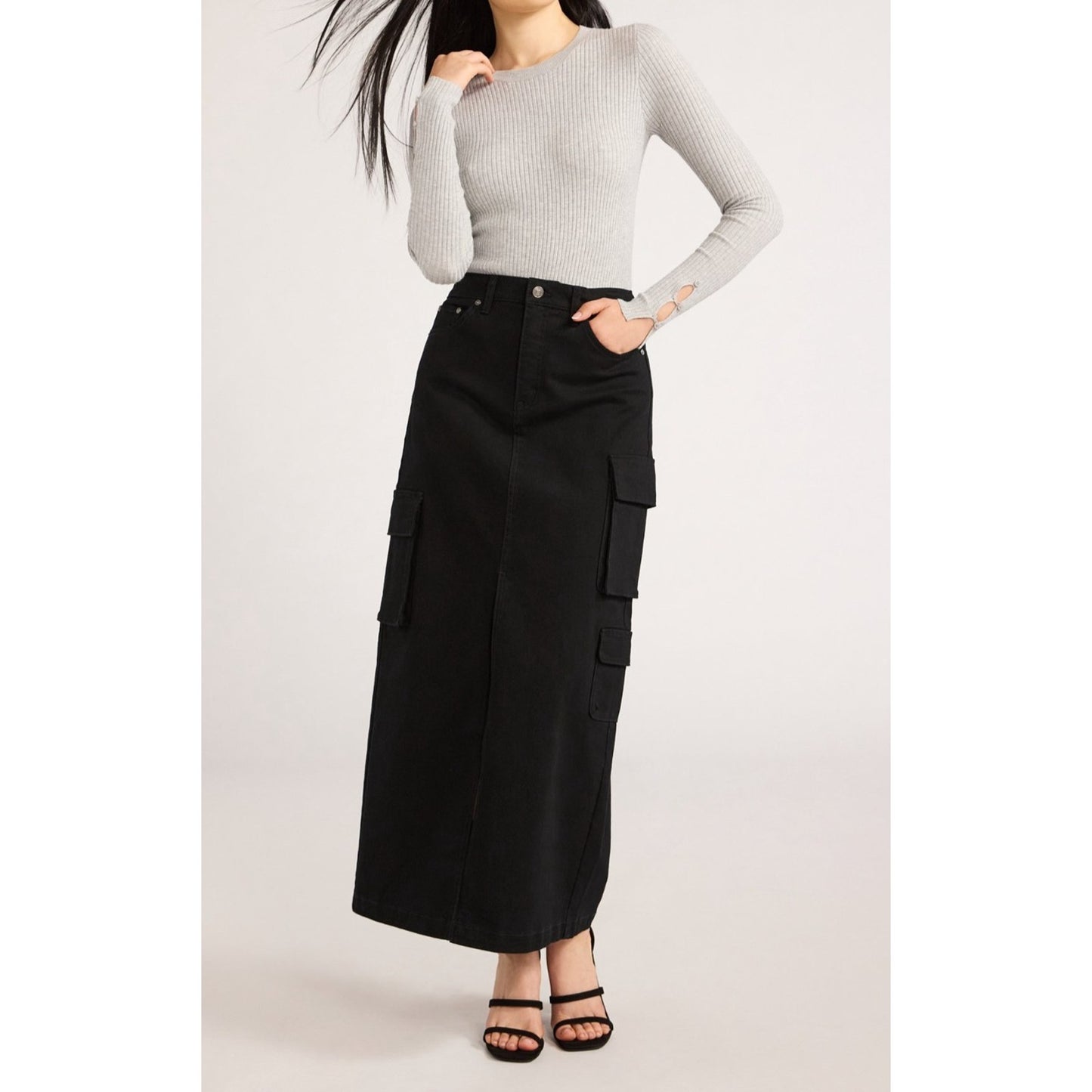 Scoop Womens Denim Cargo Maxi Skirt Black Soot Size 10 High Rise Pockets Relaxed