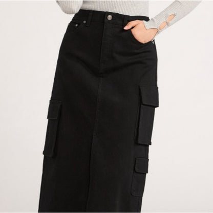 Scoop Womens Denim Cargo Maxi Skirt Black Soot Size 10 High Rise Pockets Relaxed