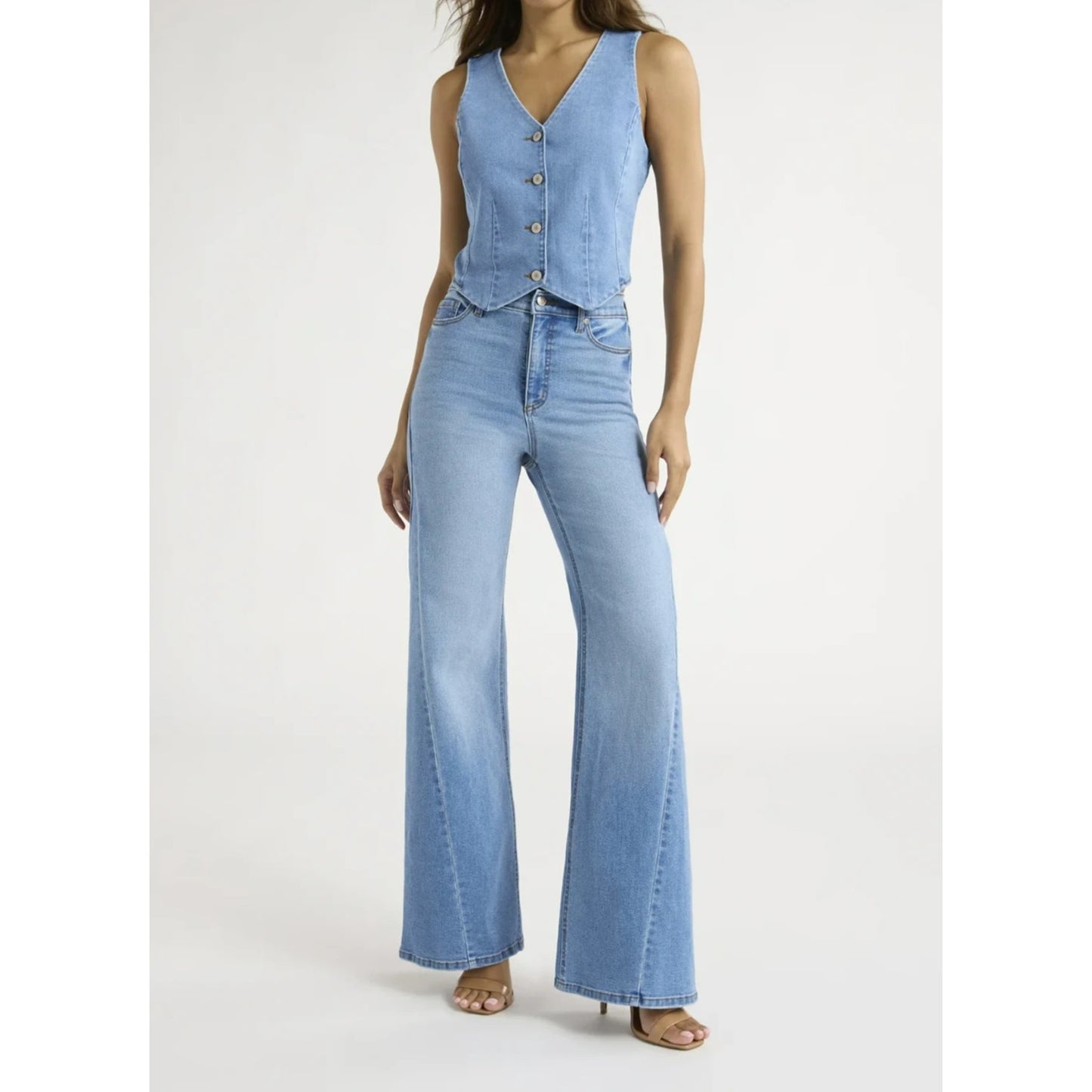 Sofia Jeans Womens Denim Vest V-Neck Cropped Bodice Front Button Light Wash Sz L
