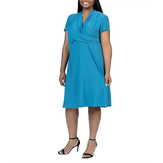 24Seven Comfort Apparel Womens Dress Faux Wrap Rouched Pullover V-Neck Teal Size 1X