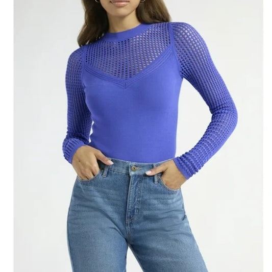 Sofia Jeans Womens V-Neck Mesh Pullover Sweater Sheer Long Sleeves Peri Pop Sz M