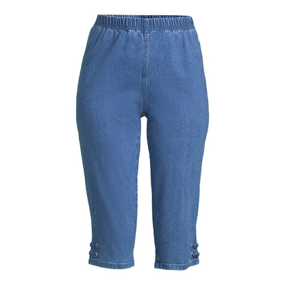 Real Size Womens Pull On Grommet Stretch Capri Pants Medium Stone Wash Size XL