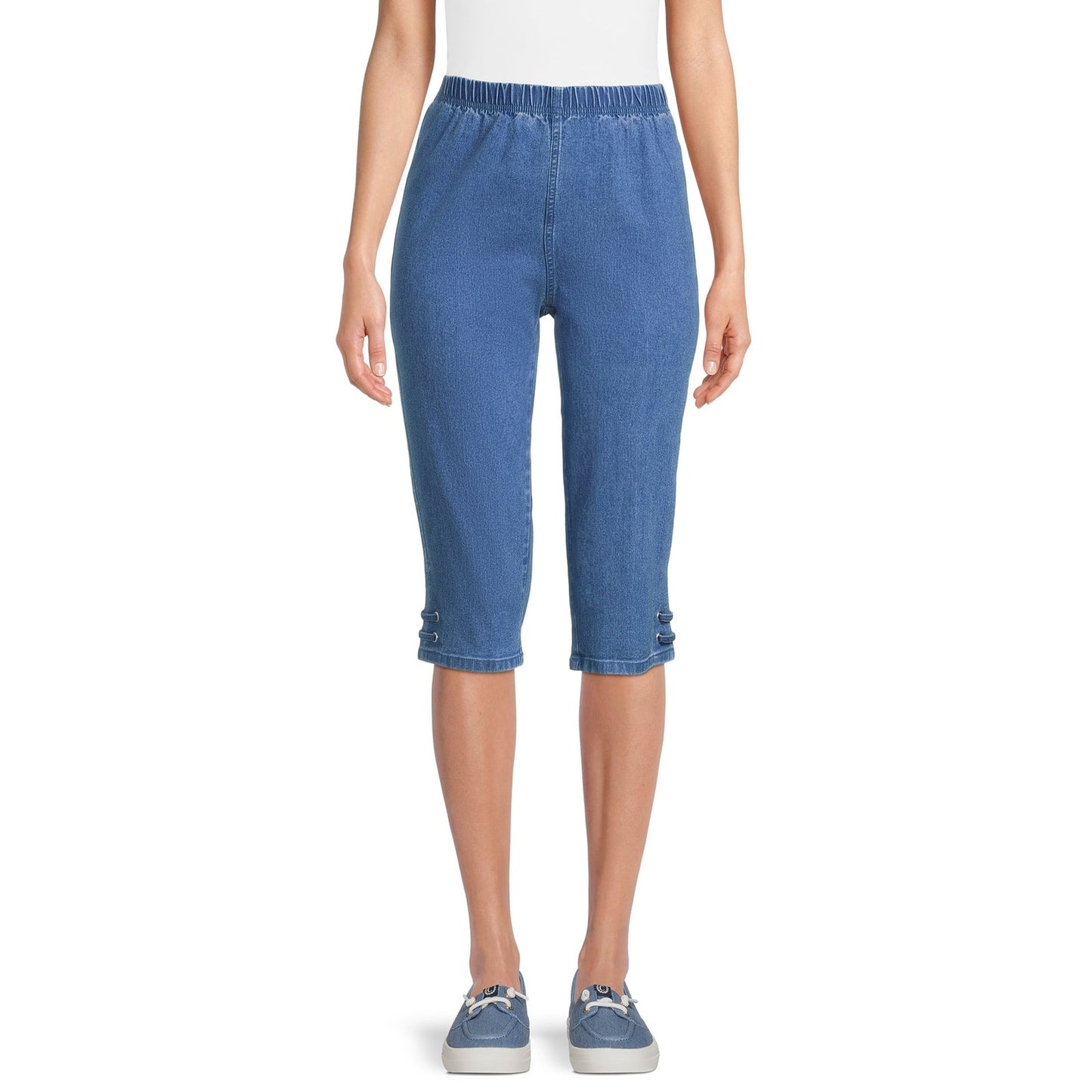 Real Size Womens Pull On Grommet Stretch Capri Pants Medium Stone Wash Size XL