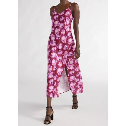 Scoop Womens Satin Midi Slip Dress with Side Slit Purple Flower Size M